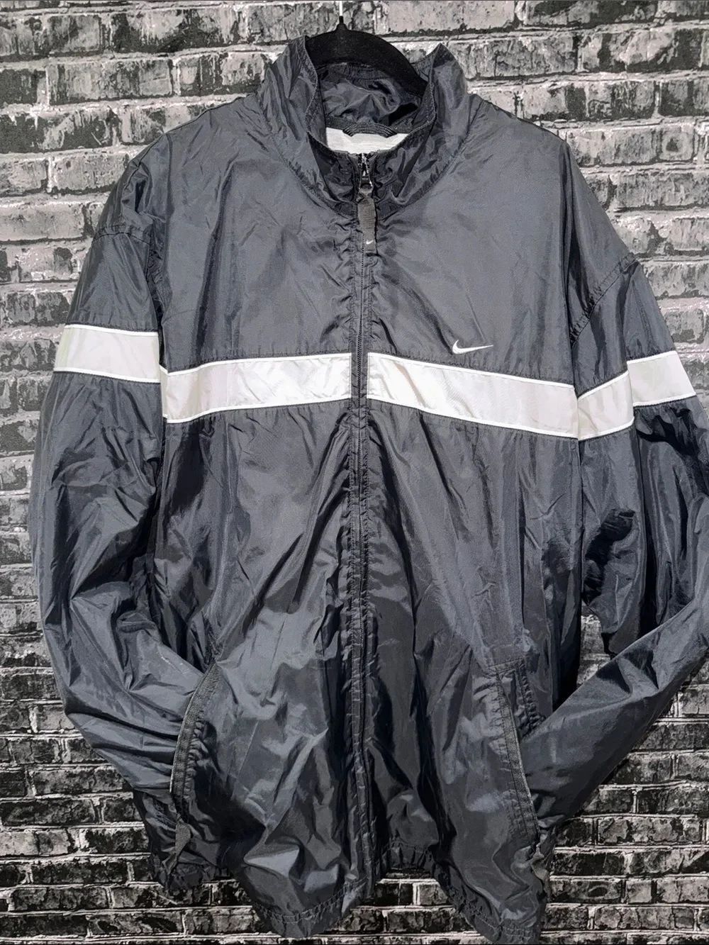 Nike Black Windbreaker Jacket with White / Grey Chest Stripe Medium